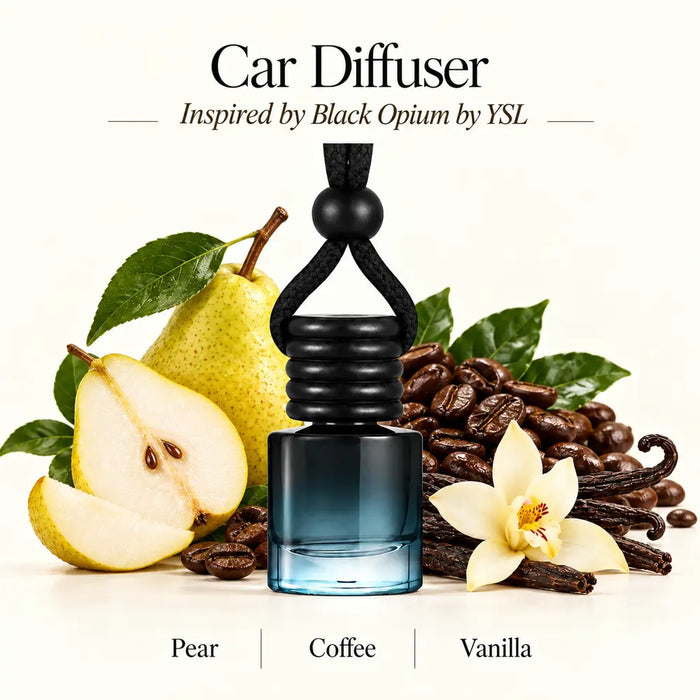 Black Opium Inspired by YSL car diffuser with pear, coffee and vanilla scent imagery by Ancient Wellness