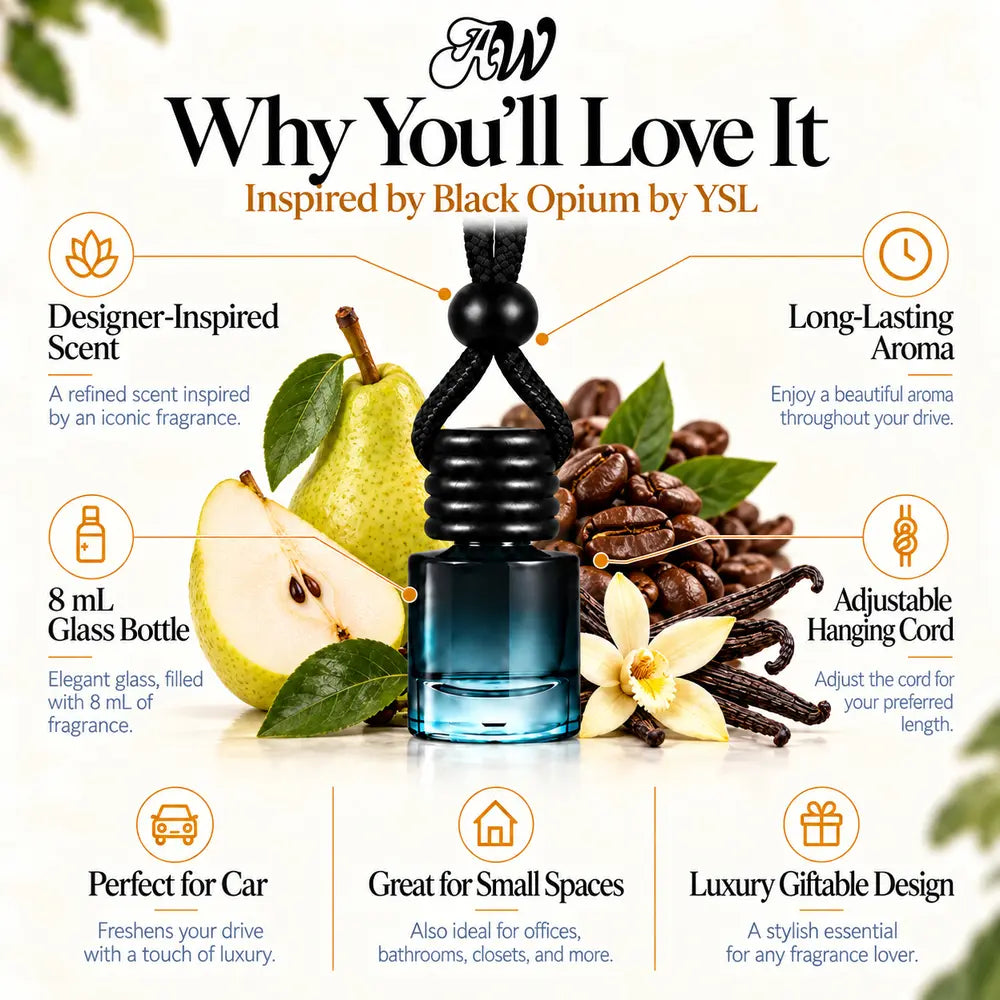 Black Opium car diffuser benefits infographic with pear, coffee and vanilla imagery by Ancient Wellness