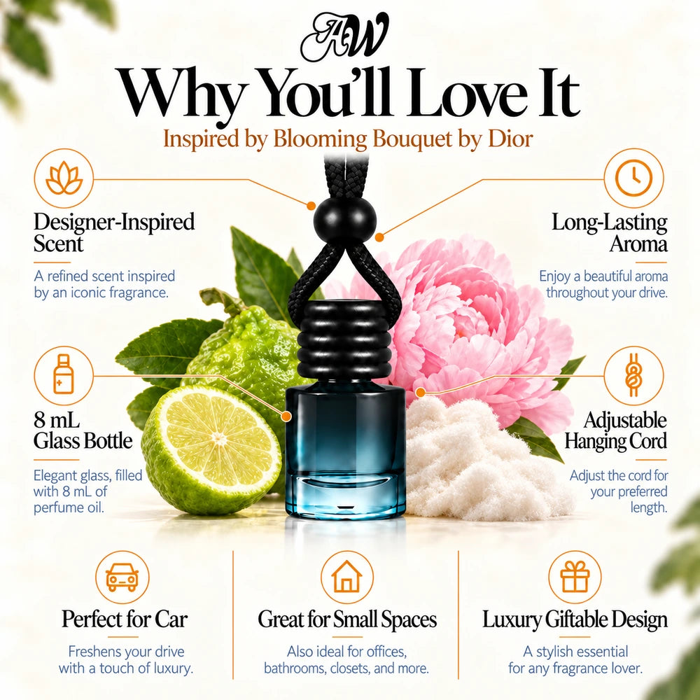 Blooming Bouquet car diffuser benefits infographic with Bergamot, Peony, White Musk imagery by Ancient Wellness