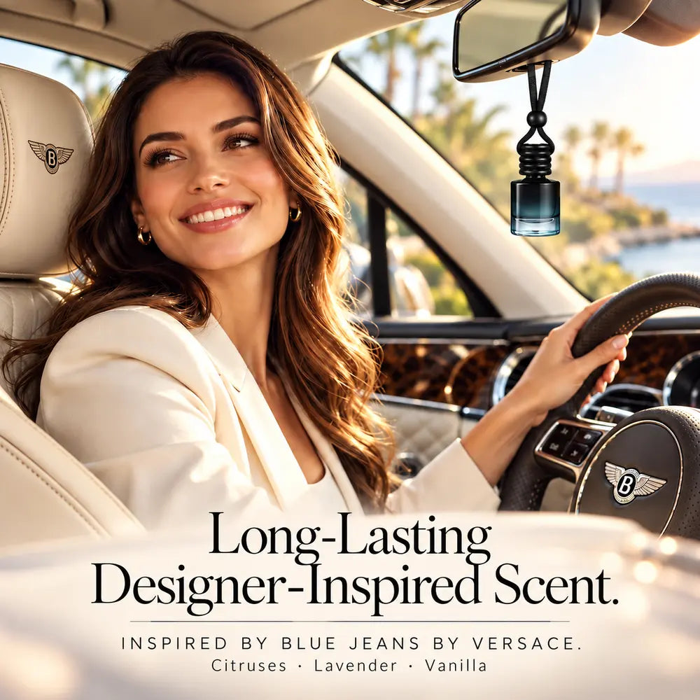 Blue Jeans Inspired by Versace car diffuser hanging in a luxury car beside a smiling woman with citruses, lavender and vanilla notes