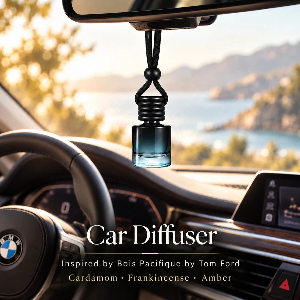 Bois Pacifique Inspired by Tom Ford car diffuser hanging in a BMW interior with Cardamom, Frankincense, Amber notes
