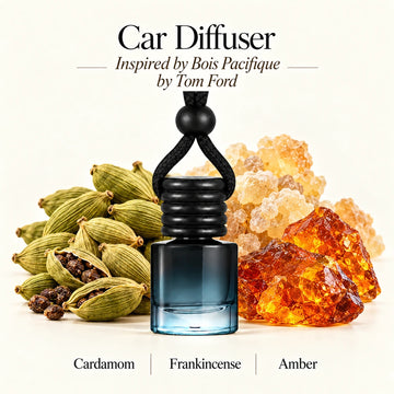Bois Pacifique Inspired by Tom Ford car diffuser with Cardamom, Frankincense, Amber scent imagery by Ancient Wellness