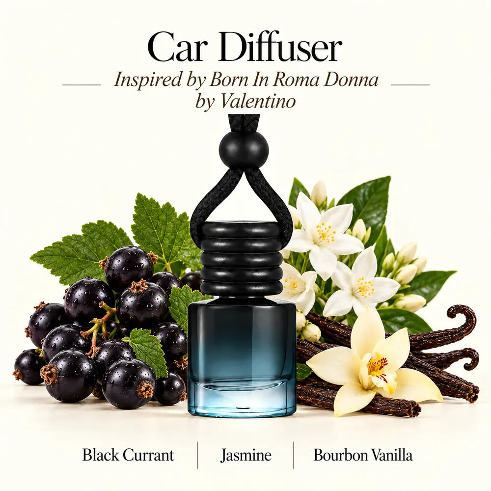 Born In Roma Donna Inspired by Valentino car diffuser with black currant, jasmine and bourbon vanilla scent imagery by Ancient Wellness