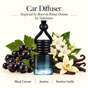 Born In Roma Donna Inspired by Valentino car diffuser with black currant, jasmine and bourbon vanilla scent imagery by Ancient Wellness