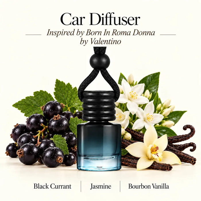Born In Roma Donna Inspired by Valentino car diffuser with black currant, jasmine and bourbon vanilla scent imagery by Ancient Wellness