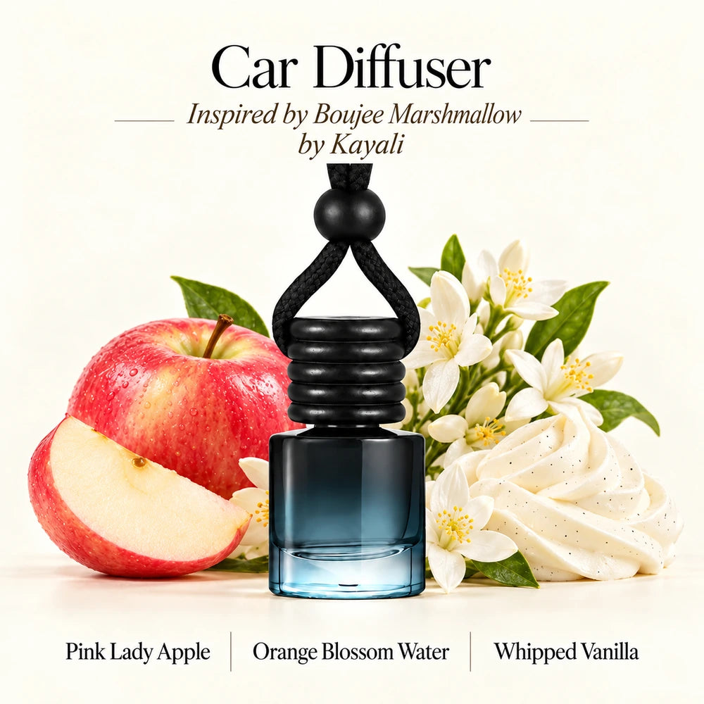 Boujee Marshmallow Inspired by Kayali car diffuser with Pink Lady Apple, Orange Blossom Water, Whipped Vanilla scent imagery by Ancient Wellness