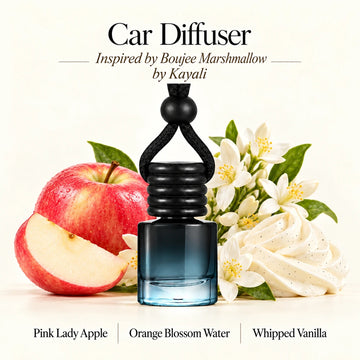 Boujee Marshmallow Inspired by Kayali car diffuser with Pink Lady Apple, Orange Blossom Water, Whipped Vanilla scent imagery by Ancient Wellness