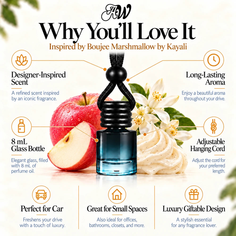 Boujee Marshmallow car diffuser benefits infographic with Pink Lady Apple, Orange Blossom Water, Whipped Vanilla imagery by Ancient Wellness