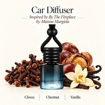 By The Fireplace Inspired by Maison Margiela car diffuser with Cloves, Chestnut, Vanilla scent imagery by Ancient Wellness