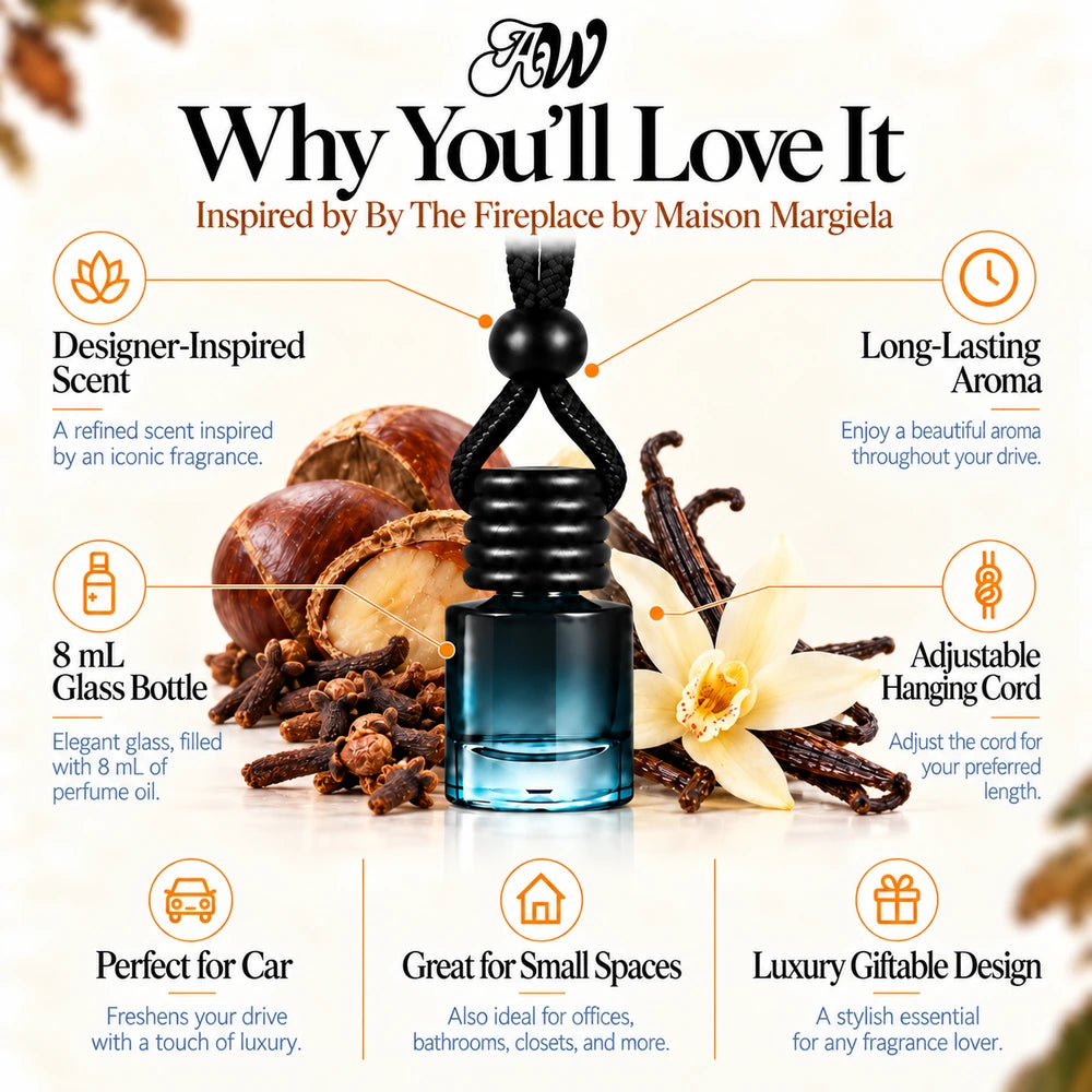 By The Fireplace car diffuser benefits infographic with Cloves, Chestnut, Vanilla imagery by Ancient Wellness