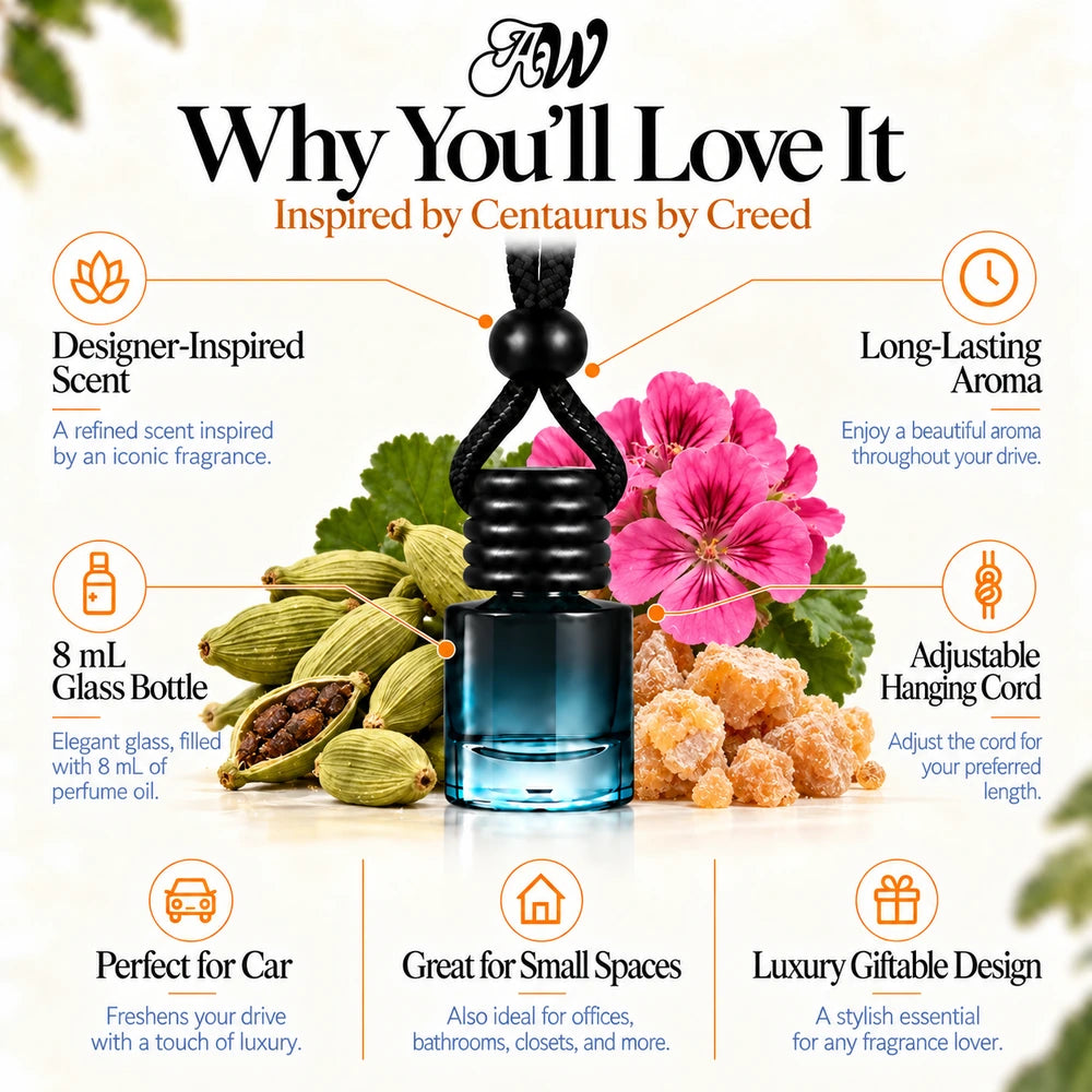 Centaurus car diffuser benefits infographic with Cardamom, Geranium, Benzoin imagery by Ancient Wellness