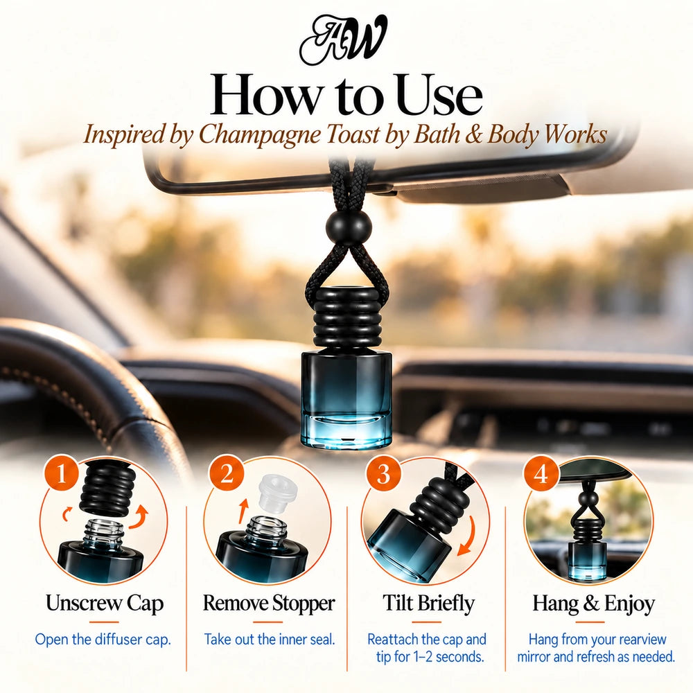 Champagne Toast car diffuser hanging in a car with four illustrated setup steps