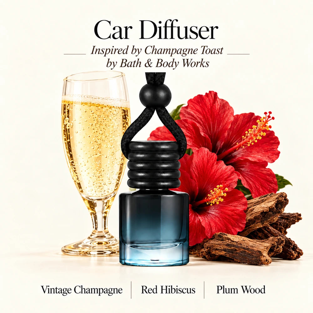 Champagne Toast Inspired by Bath & Body Works car diffuser with Vintage Champagne, Red Hibiscus, Plum Wood scent imagery by Ancient Wellness