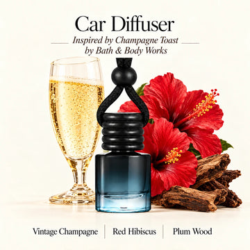 Champagne Toast Inspired by Bath & Body Works car diffuser with Vintage Champagne, Red Hibiscus, Plum Wood scent imagery by Ancient Wellness