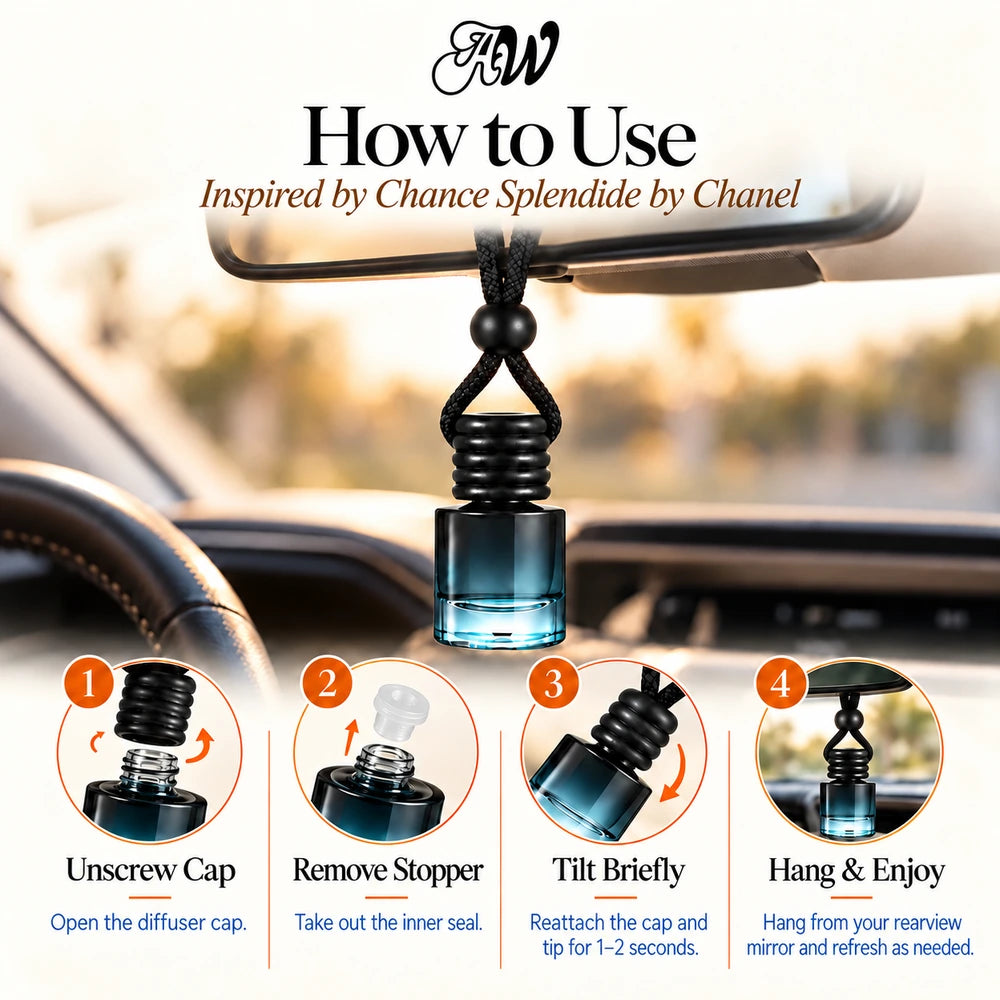 Chance Splendide car diffuser hanging in a car with four illustrated setup steps