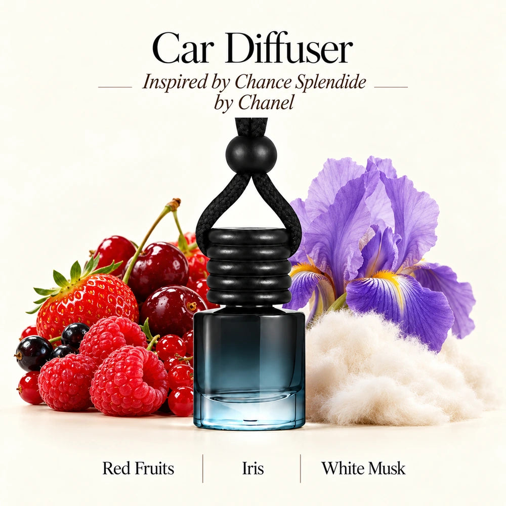 Chance Splendide Inspired by Chanel car diffuser with Red Fruits, Iris, White Musk scent imagery by Ancient Wellness