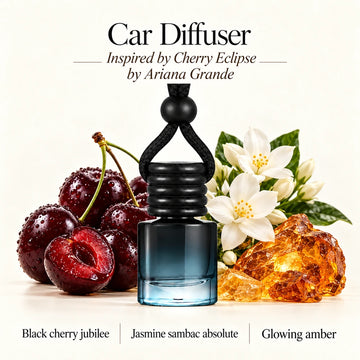 Cherry Eclipse Inspired by Ariana Grande car diffuser with Black cherry jubilee, Jasmine sambac absolute, Glowing amber scent imagery by Ancient Wellness