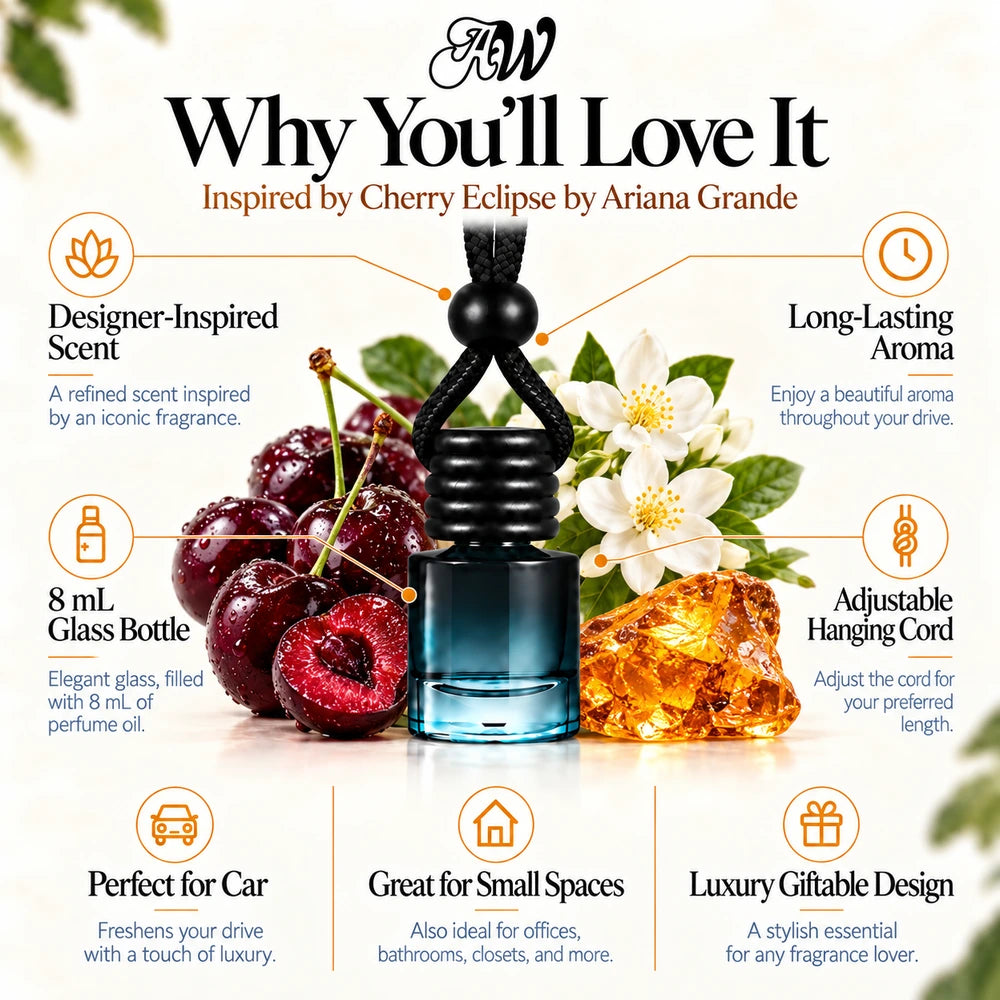 Cherry Eclipse car diffuser benefits infographic with Black cherry jubilee, Jasmine sambac absolute, Glowing amber imagery by Ancient Wellness