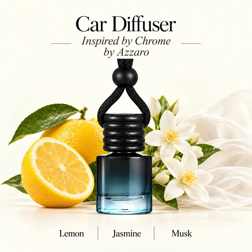 Chrome Inspired by Azzaro car diffuser with lemon, jasmine and musk scent imagery by Ancient Wellness