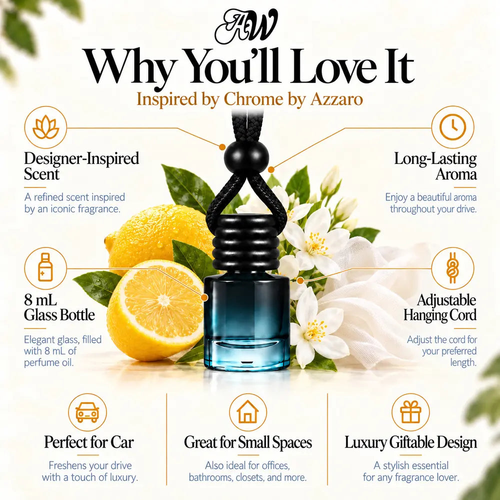 Chrome Inspired by Azzaro car diffuser with lemon, jasmine and musk scent imagery by Ancient Wellness