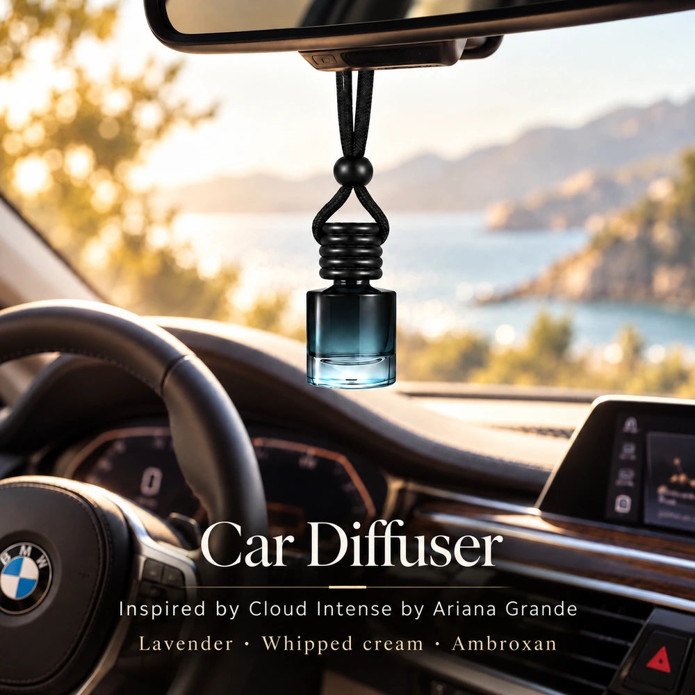 Cloud Intense Inspired by Ariana Grande car diffuser hanging in a BMW interior with Lavender, Whipped cream, Ambroxan notes