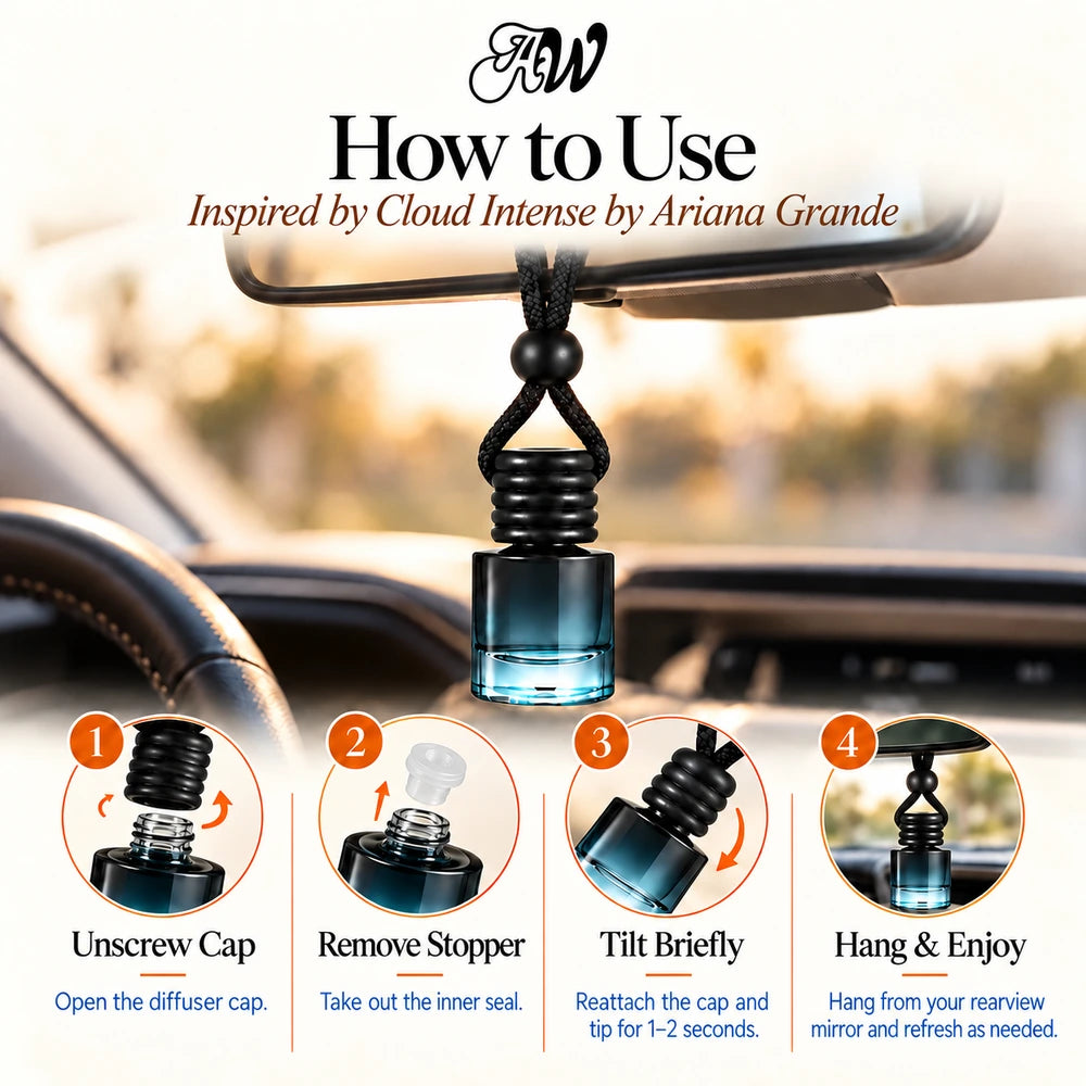 Cloud Intense car diffuser hanging in a car with four illustrated setup steps