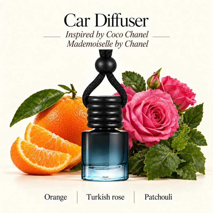 Coco Chanel Mademoiselle Inspired by Chanel car diffuser with Orange, Turkish rose, Patchouli scent imagery by Ancient Wellness