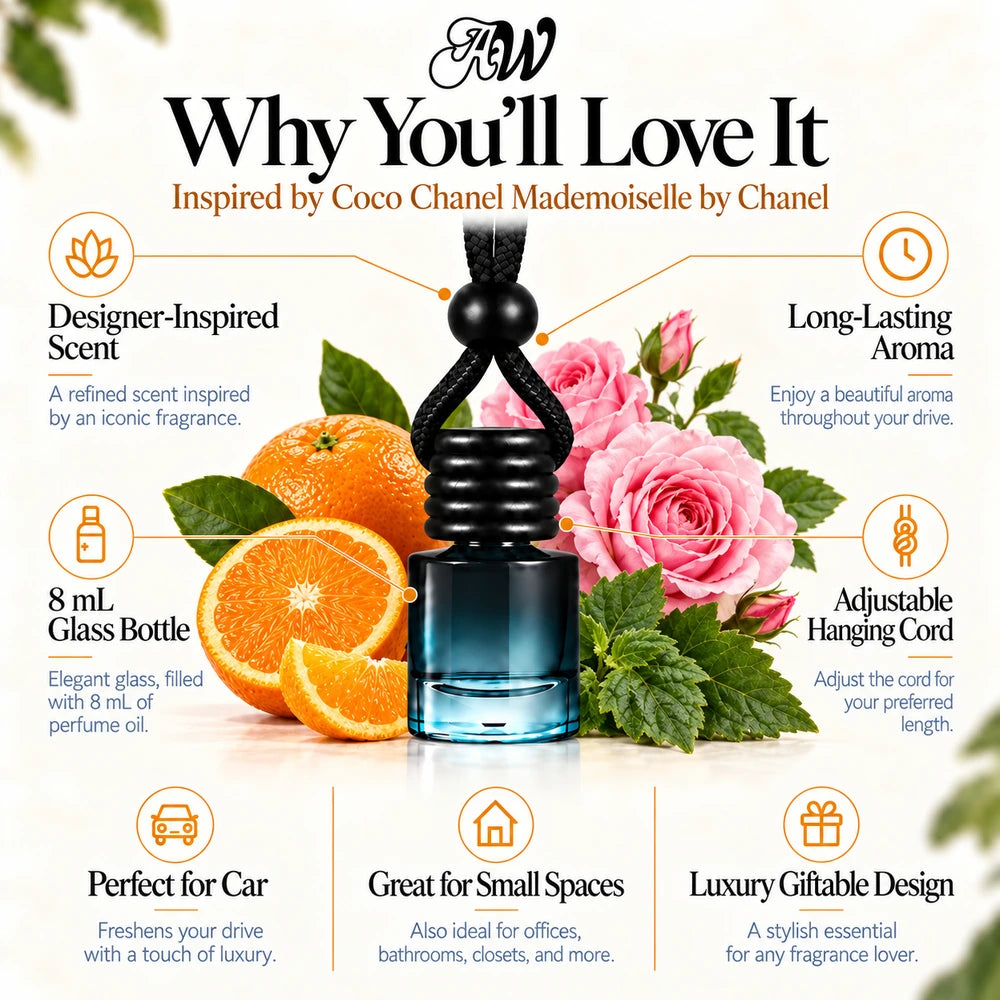 Coco Chanel Mademoiselle car diffuser benefits infographic with Orange, Turkish rose, Patchouli imagery by Ancient Wellness
