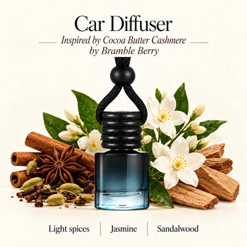 Cocoa Butter Cashmere Inspired by Bramble Berry car diffuser by Ancient Wellness with imagery representing Light spices, Jasmine, Sandalwood