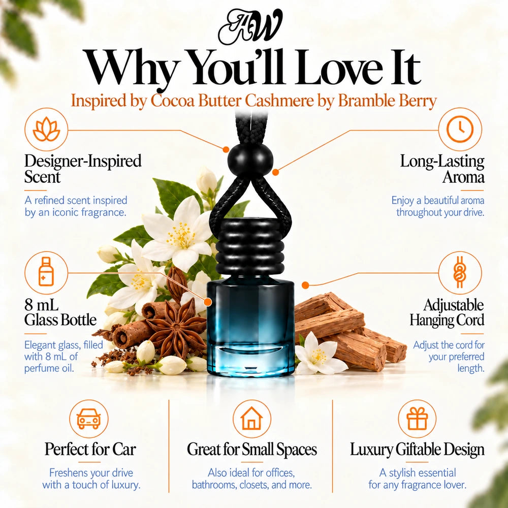 Cocoa Butter Cashmere car diffuser benefits infographic with Light spices, Jasmine, Sandalwood scent imagery by Ancient Wellness