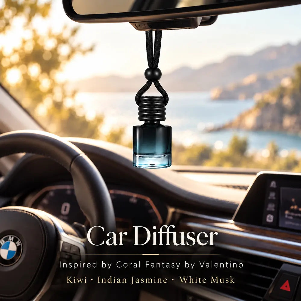 Coral Fantasy Inspired by Valentino car diffuser hanging in a BMW interior with kiwi, Indian jasmine and white musk notes