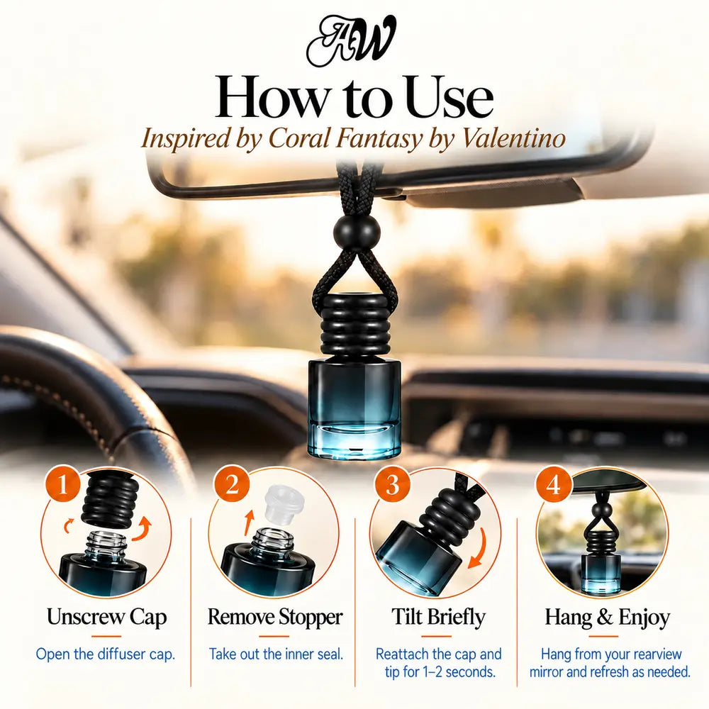 Coral Fantasy car diffuser hanging in a car with four illustrated setup steps