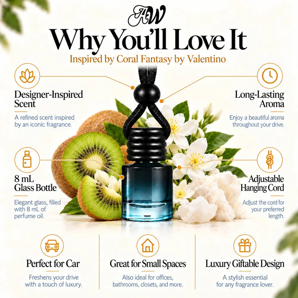 Coral Fantasy car diffuser benefits infographic with kiwi, Indian jasmine and white musk imagery by Ancient Wellness