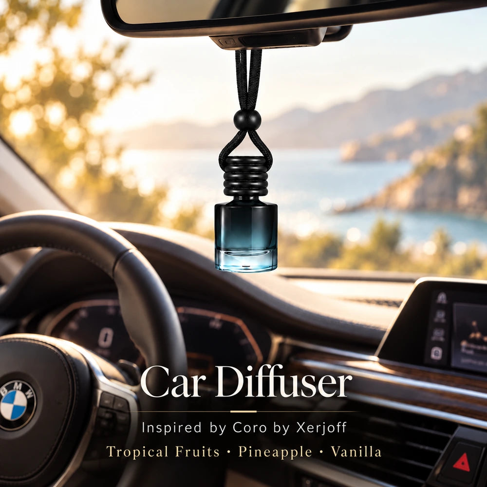 Coro Inspired by Xerjoff car diffuser hanging in a BMW interior with Tropical Fruits, Pineapple, Vanilla notes