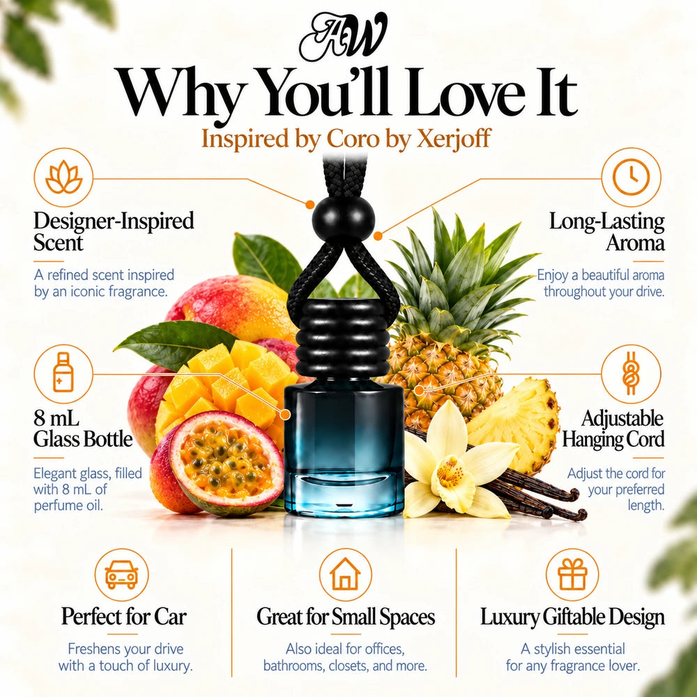 Coro car diffuser benefits infographic with Tropical Fruits, Pineapple, Vanilla imagery by Ancient Wellness