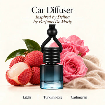 Delina Inspired by Parfums De Marly car diffuser with Litchi, Turkish Rose, Cashmeran scent imagery by Ancient Wellness