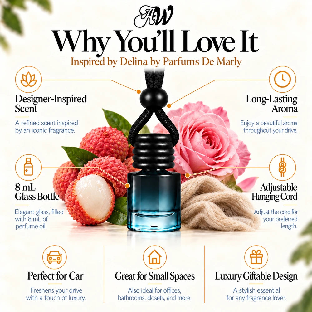 Delina Inspired by Parfums De Marly car diffuser with Litchi, Turkish Rose, Cashmeran scent imagery by Ancient Wellness