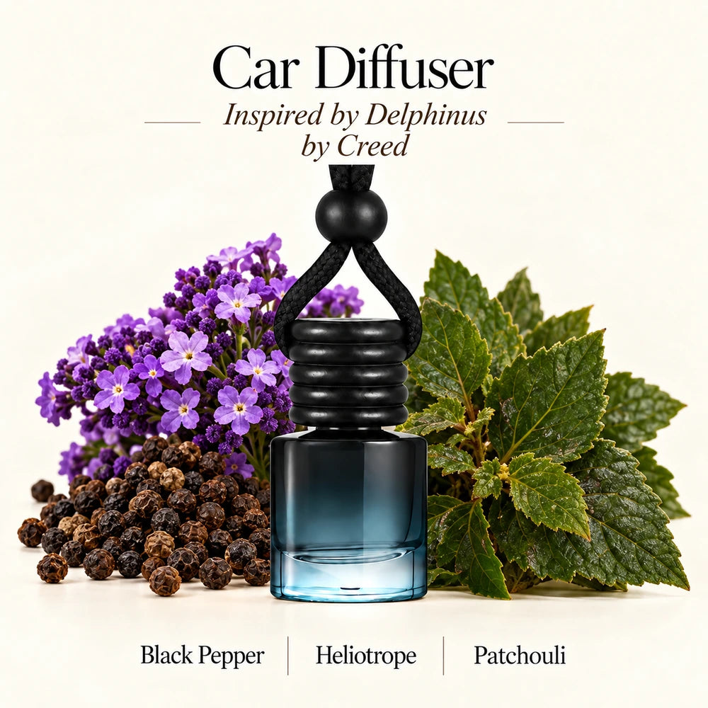 Delphinus Inspired by Creed car diffuser with Black Pepper, Heliotrope, Patchouli scent imagery by Ancient Wellness