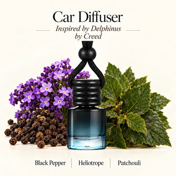 Delphinus Inspired by Creed car diffuser with Black Pepper, Heliotrope, Patchouli scent imagery by Ancient Wellness