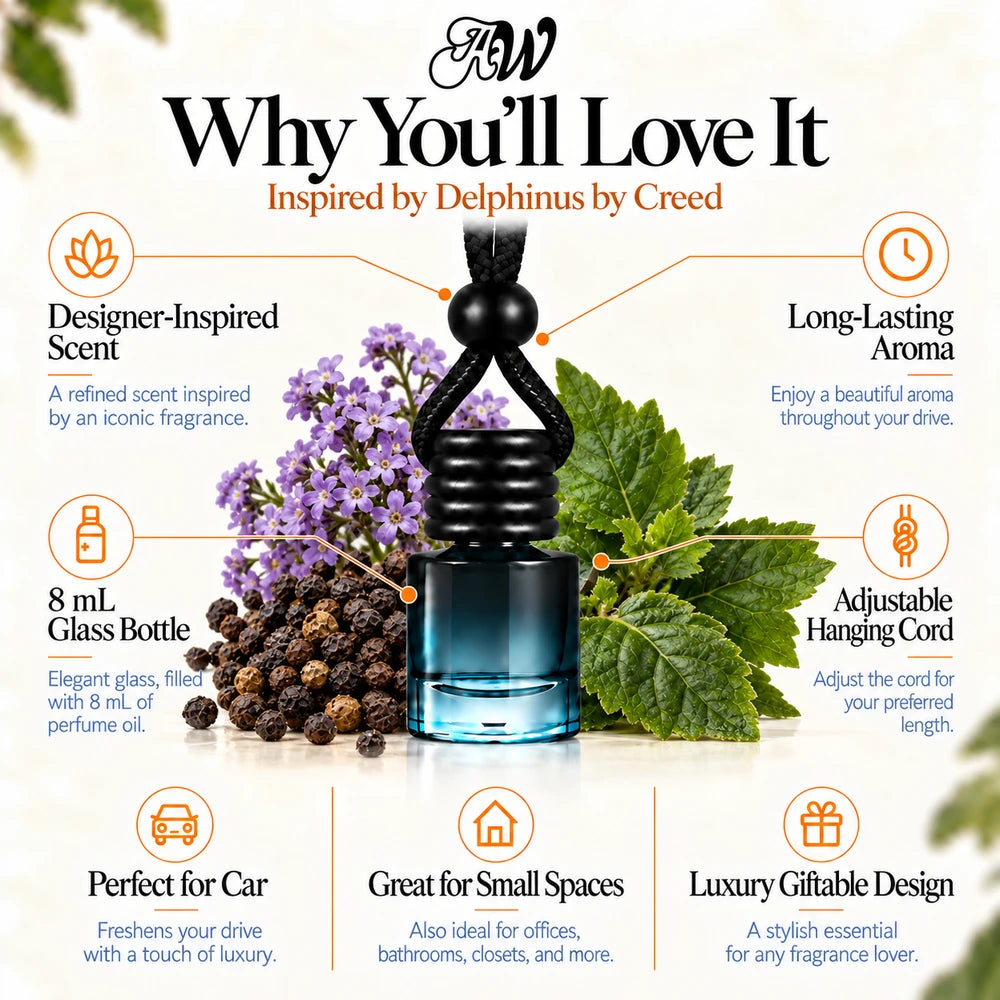 Delphinus car diffuser benefits infographic with Black Pepper, Heliotrope, Patchouli imagery by Ancient Wellness