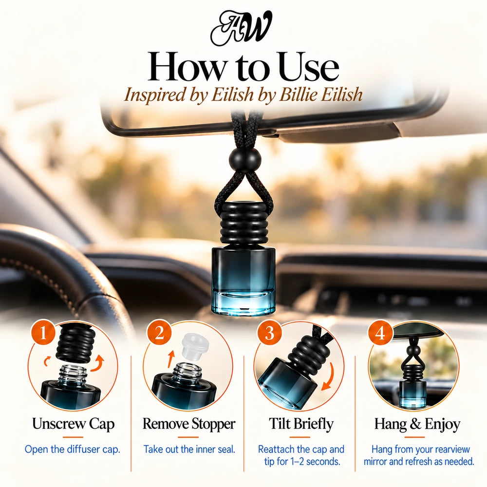 Eilish car diffuser hanging in a car with four illustrated setup steps