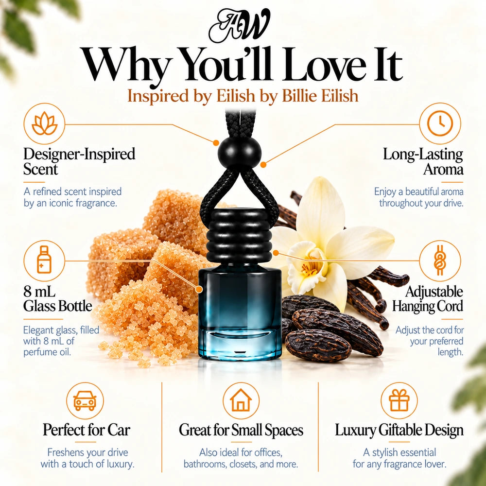 Eilish car diffuser benefits infographic with Sugar, Vanilla, Tonka bean imagery by Ancient Wellness