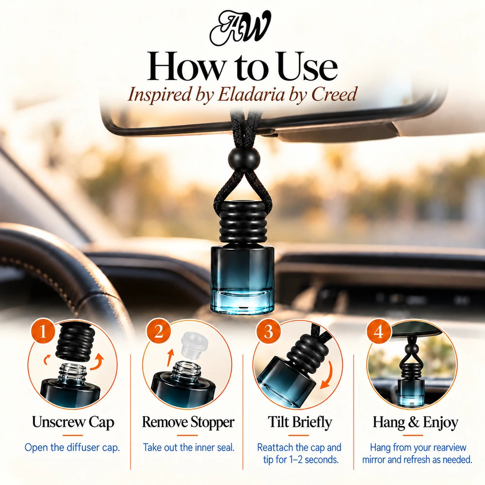 Eladaria car diffuser hanging in a car with four illustrated setup steps