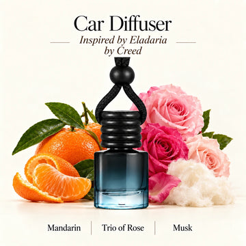 Eladaria Inspired by Creed car diffuser with Mandarin, Trio of Rose, Musk scent imagery by Ancient Wellness