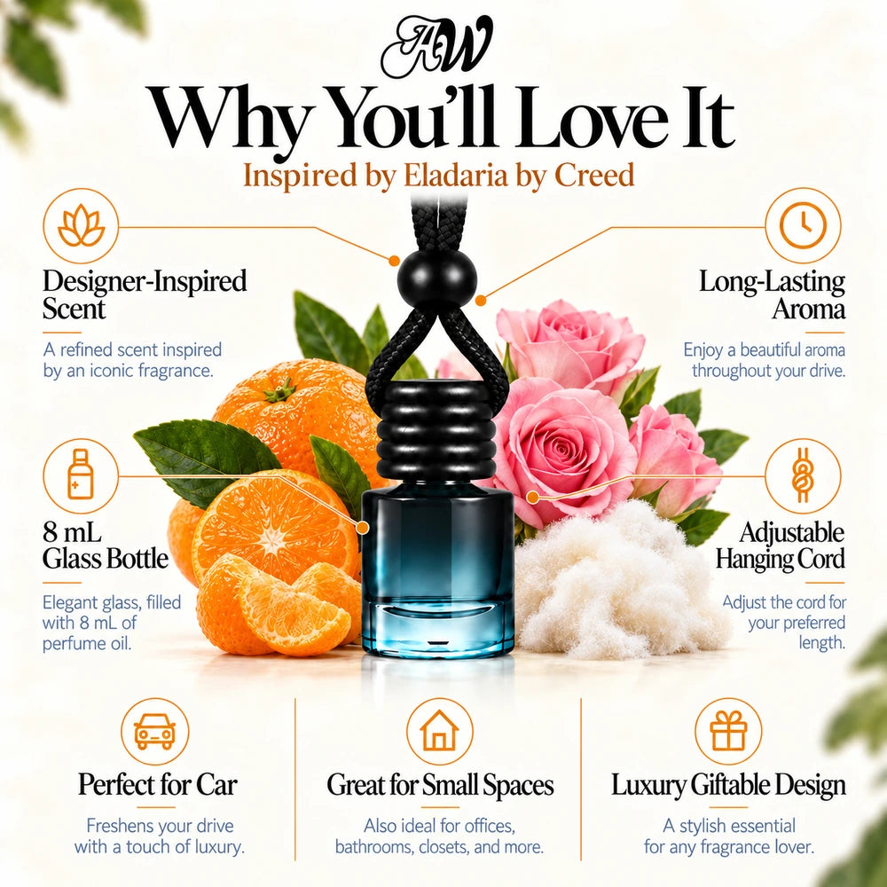 Eladaria car diffuser benefits infographic with Mandarin, Trio of Rose, Musk imagery by Ancient Wellness