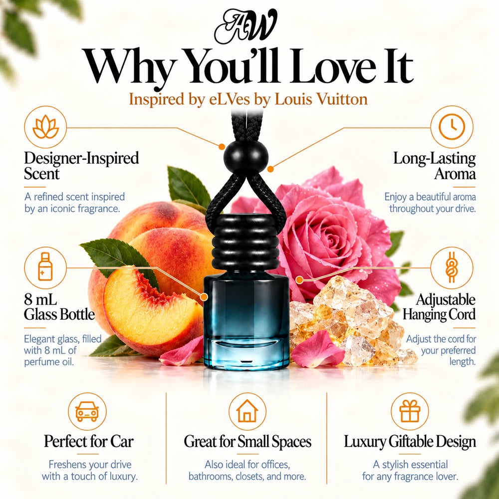 eLVes car diffuser benefits infographic with Peach, Bulgarian Rose Absolute, Ambroxan imagery by Ancient Wellness