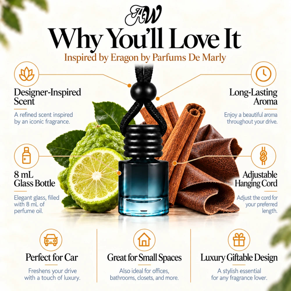 Eragon car diffuser benefits infographic with Bergamot, Cinnamon, Leather imagery by Ancient Wellness
