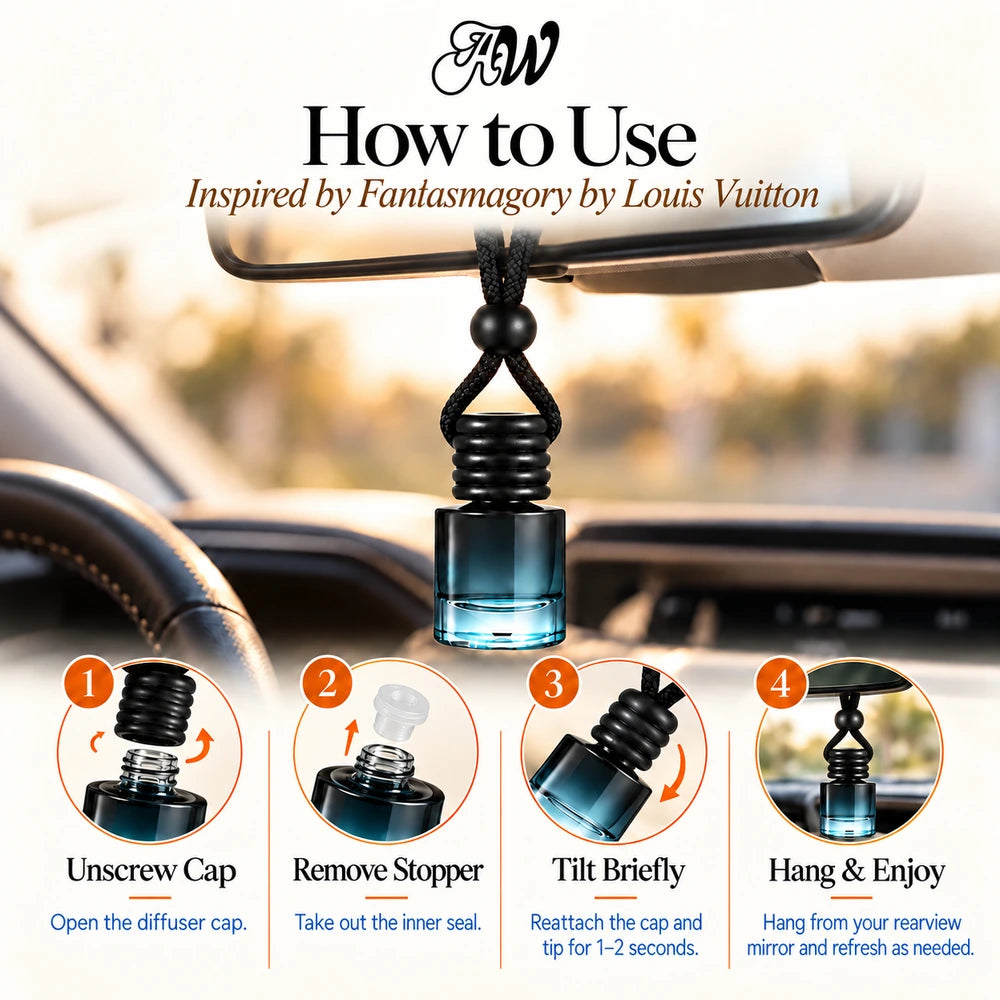 Fantasmagory car diffuser hanging in a car with four illustrated setup steps