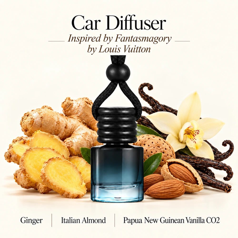 Fantasmagory Inspired by Louis Vuitton car diffuser with Ginger, Italian Almond, Papua New Guinean Vanilla CO2 scent imagery by Ancient Wellness