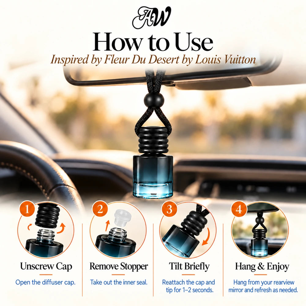 Fleur Du Desert car diffuser hanging in a car with four illustrated setup steps